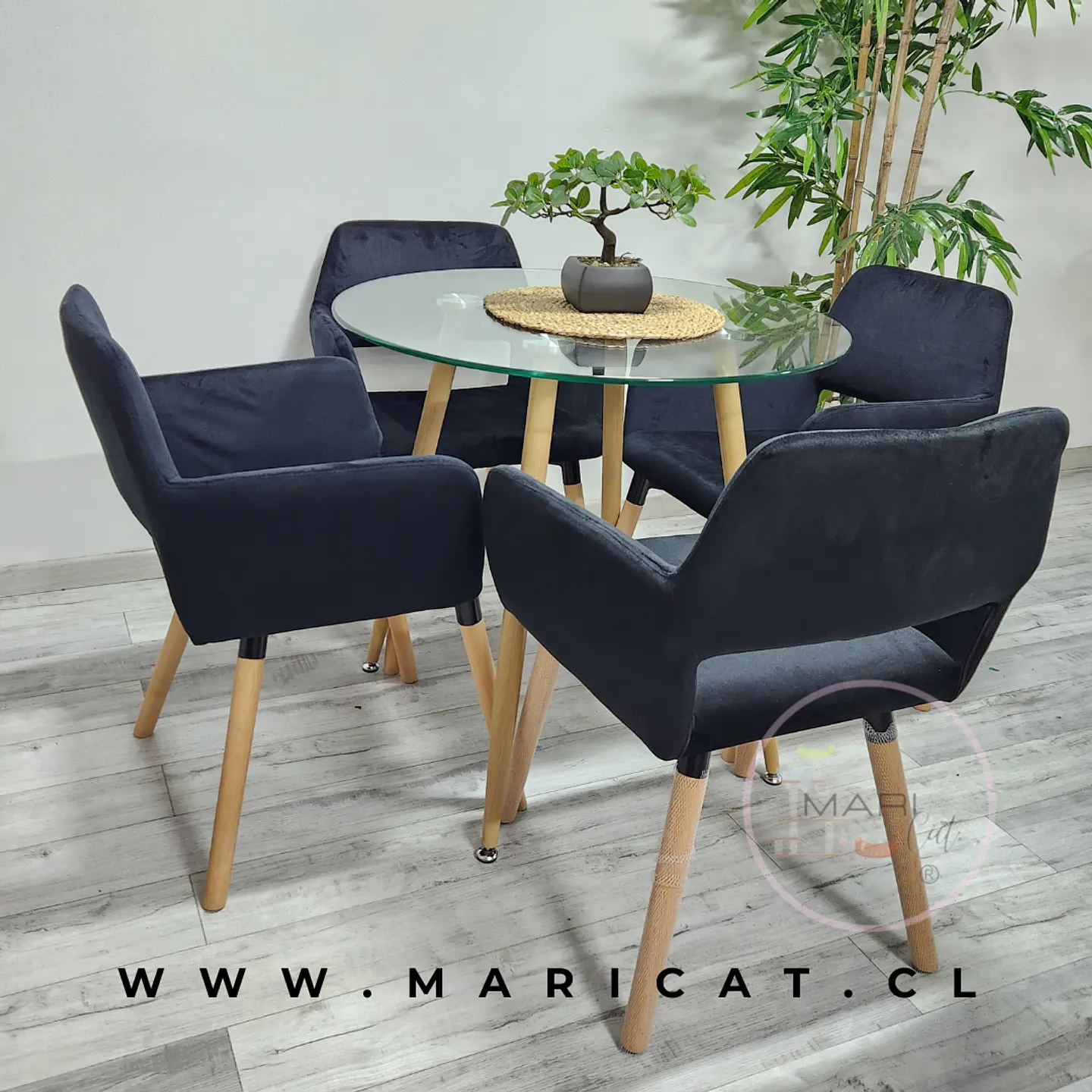 Comedor Redondo Mesa Lyon Metal Wood + 4 Sillas Boston Velvet Wood 2
