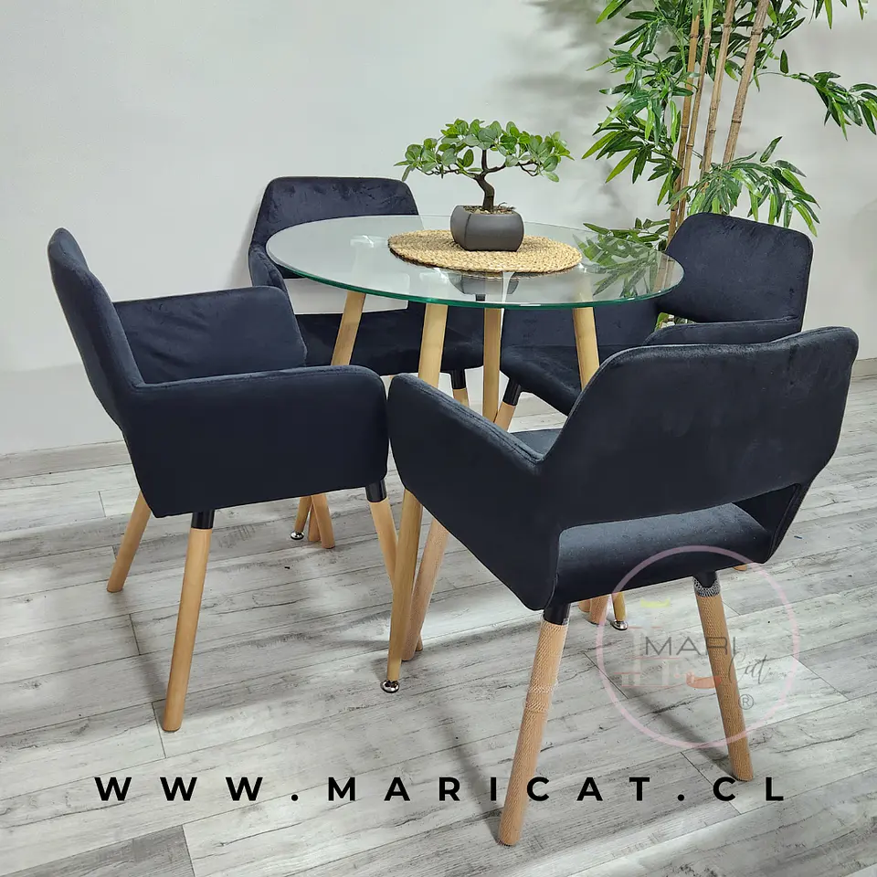 Comedor Redondo Mesa Lyon Metal Wood + 4 Sillas Boston Velvet Wood 2