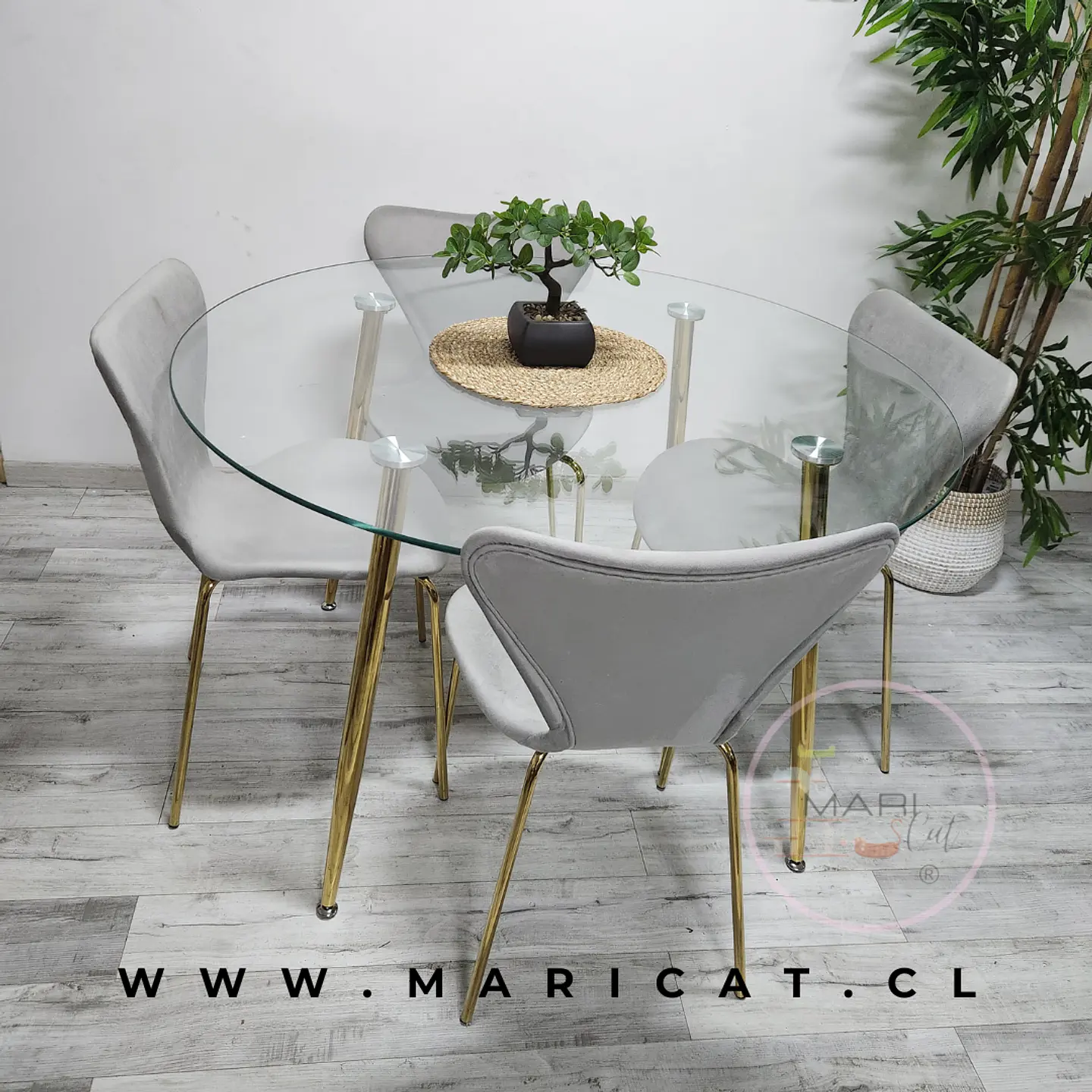 Comedor Redondo Mesa Lyon Metal Gold Vidrio + 4 Sillas  Corazón Moderna 2