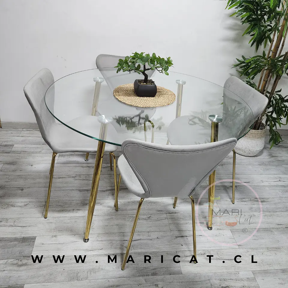 Comedor Redondo Mesa Lyon Metal Gold Vidrio + 4 Sillas  Corazón Moderna 2