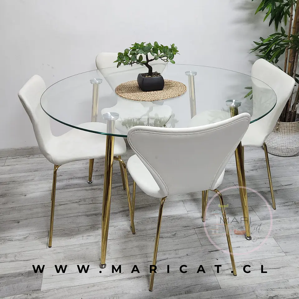Comedor Redondo Mesa Lyon Metal Gold Vidrio + 4 Sillas  Corazón Moderna 1