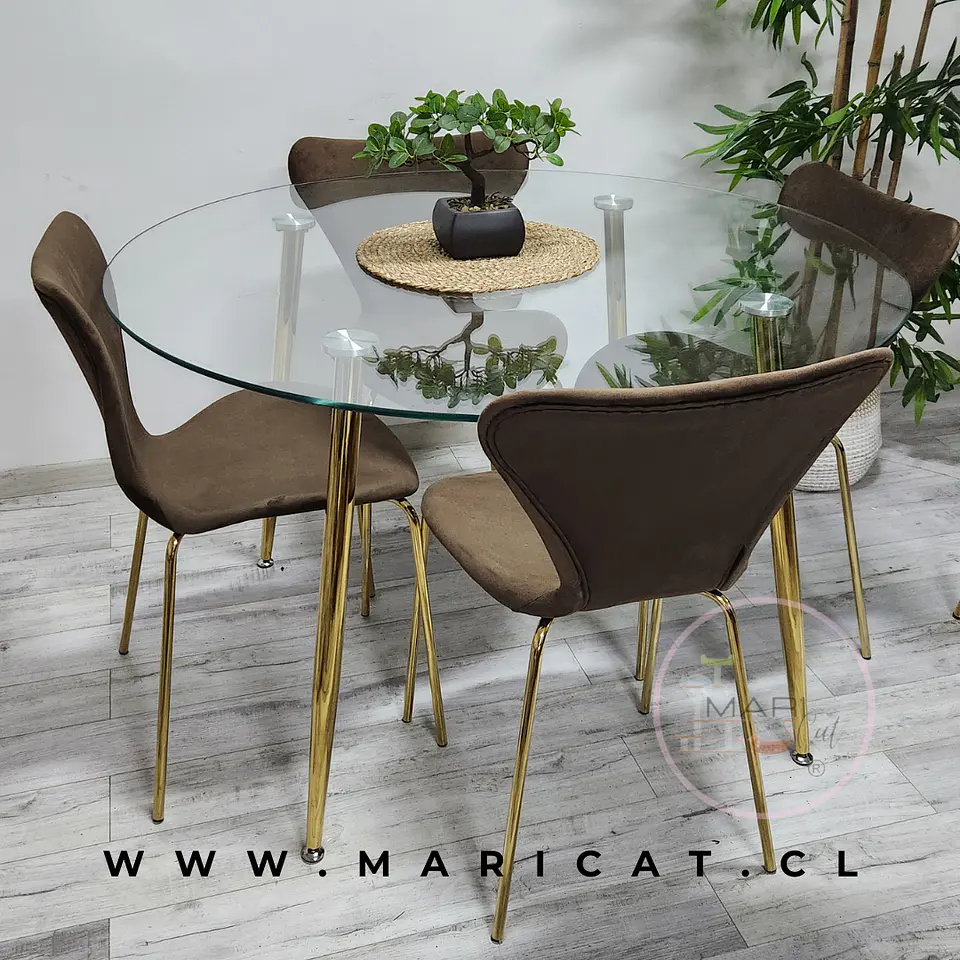 Comedor Redondo Mesa Lyon Metal Gold Vidrio + 4 Sillas  Corazón Moderna 3
