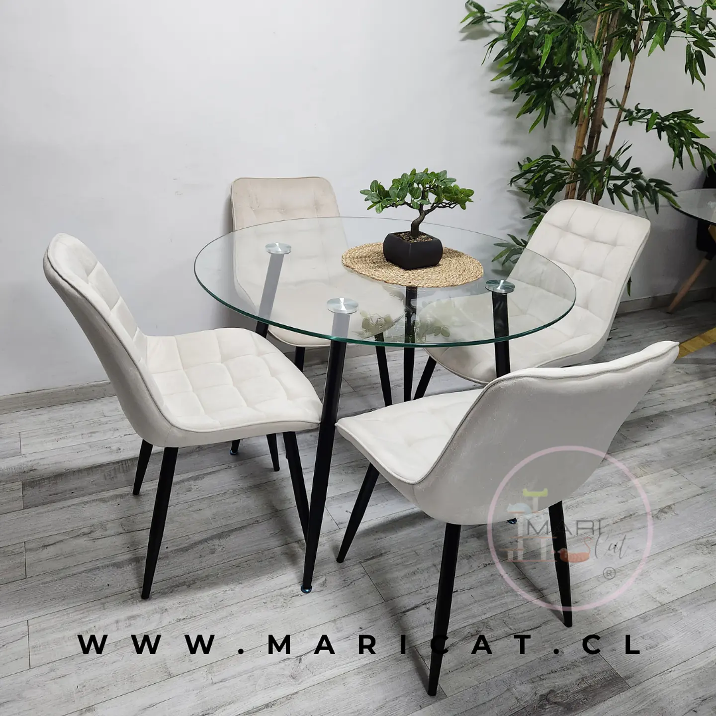Mesa Redonda Vidrio Lyon Metal Black + Silla Macron Velvet Black 1