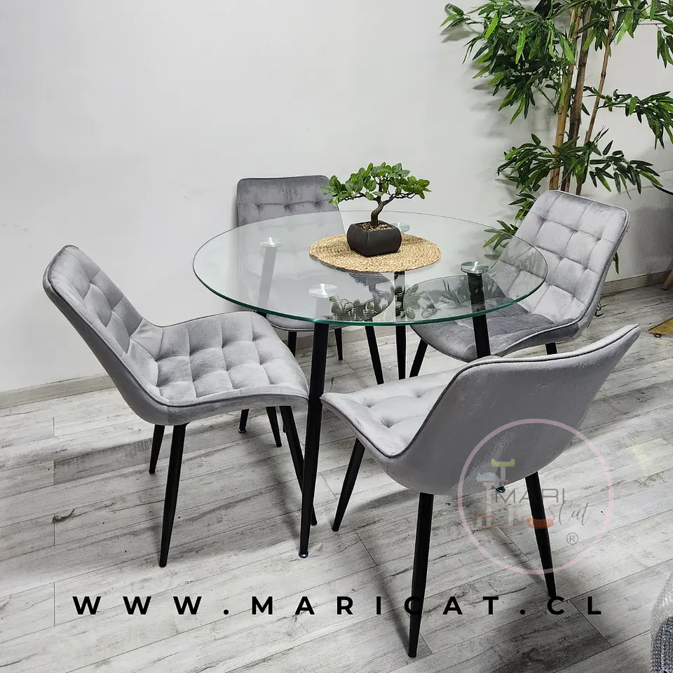 Mesa Redonda Vidrio Lyon Metal Black + Silla Macron Velvet Black 2