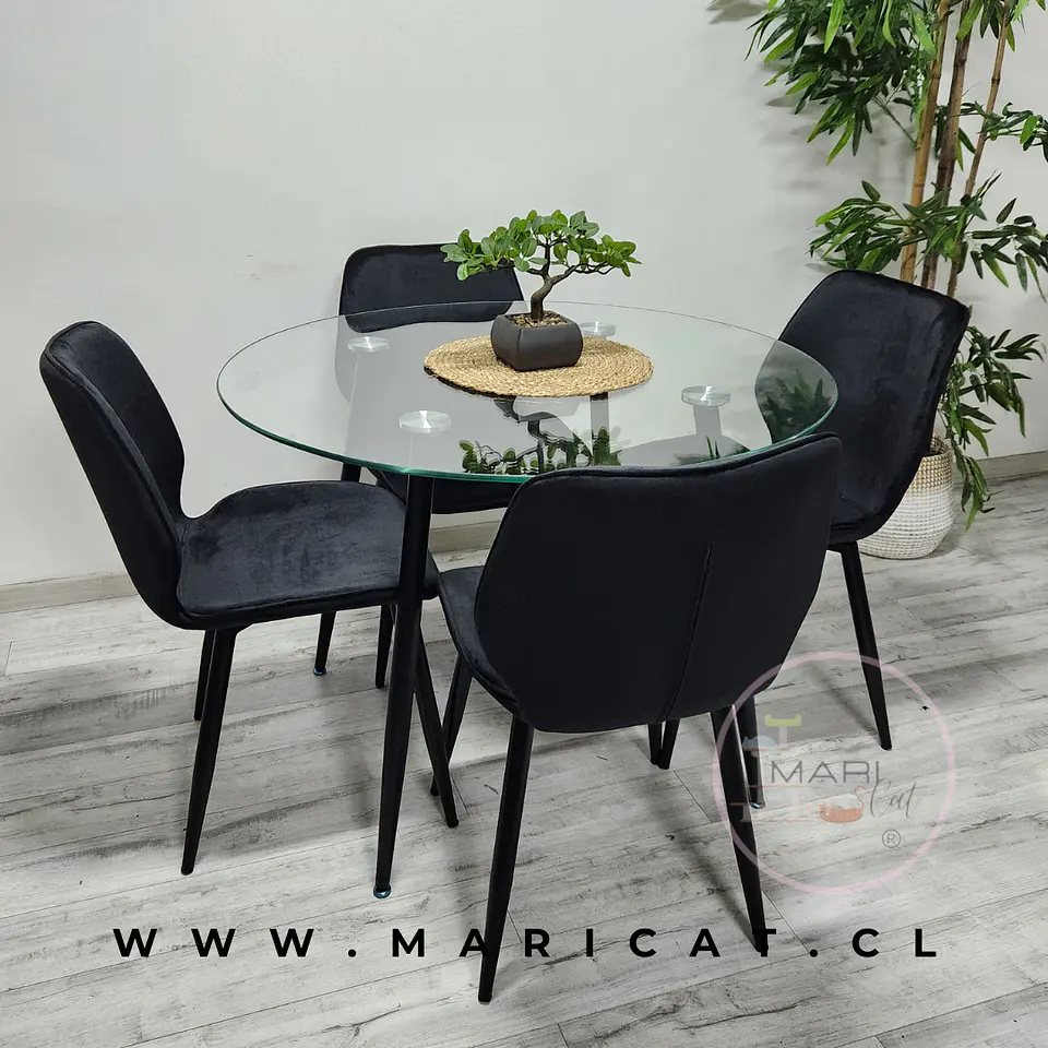 Comedor Redondo Mesa Lyon Metal Black de Vidrio + 4 Sitiales Mariposa Velvet 2