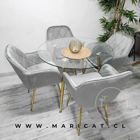 Comedor Redondo Vidrio 4 Sillas Velvet – Mesa 80cm