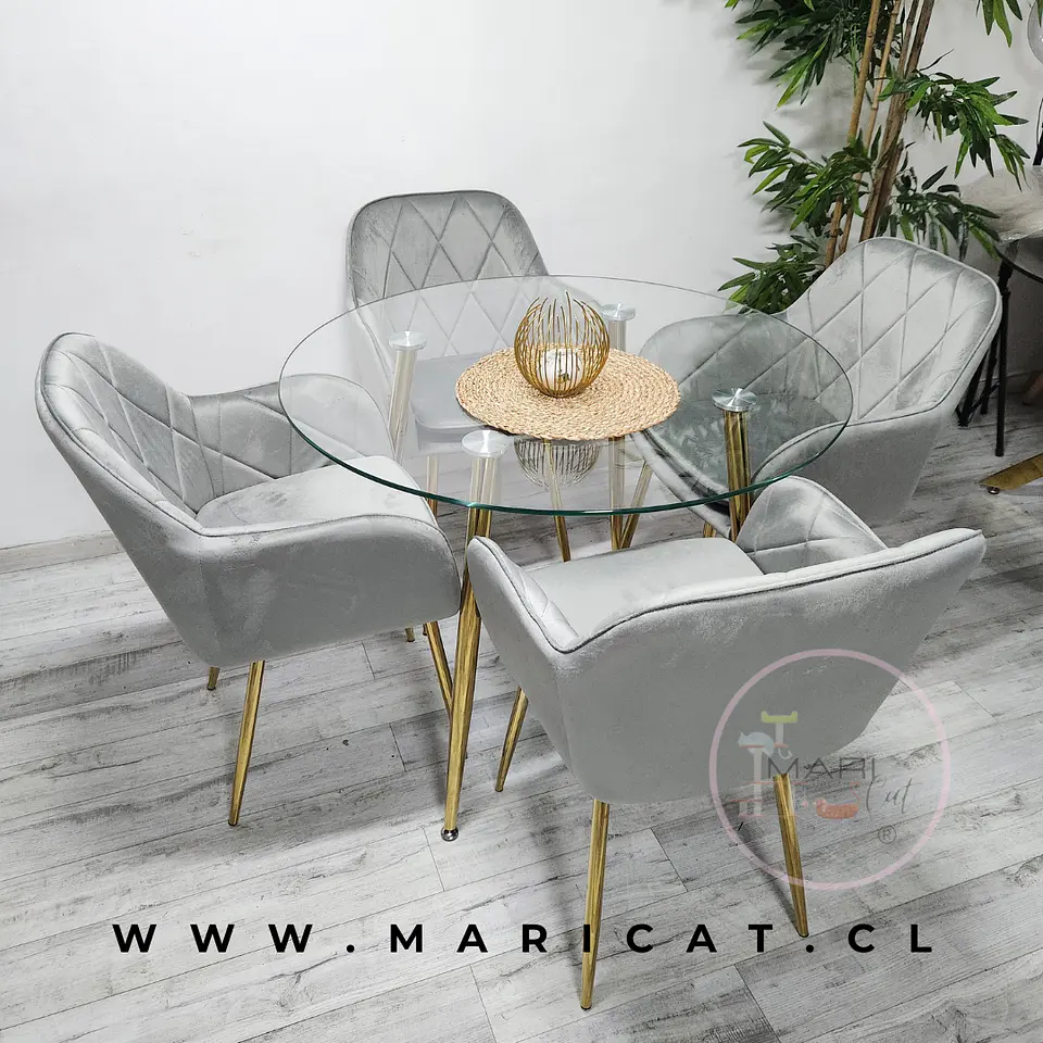 Comedor Redondo Mesa Lyon Metal Gold de Vidrio + 4 Sillones Velvet Bagual  1