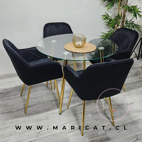Comedor Redondo Vidrio 4 Sillas Velvet – Mesa 80cm