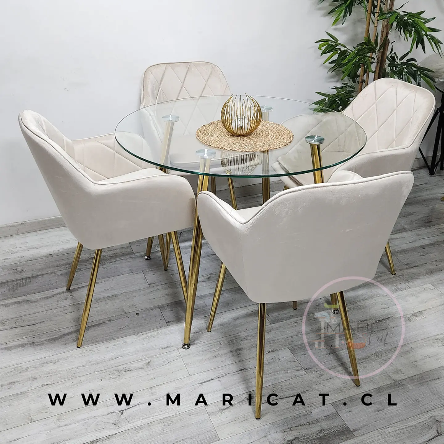 Comedor Redondo Mesa Lyon Metal Gold de Vidrio + 4 Sillones Velvet Bagual  3
