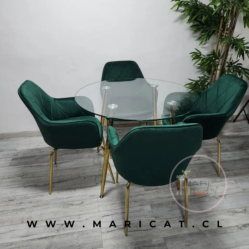 Comedor Redondo Mesa Lyon Metal Gold de Vidrio + 4 Sillones Velvet Bagual  4