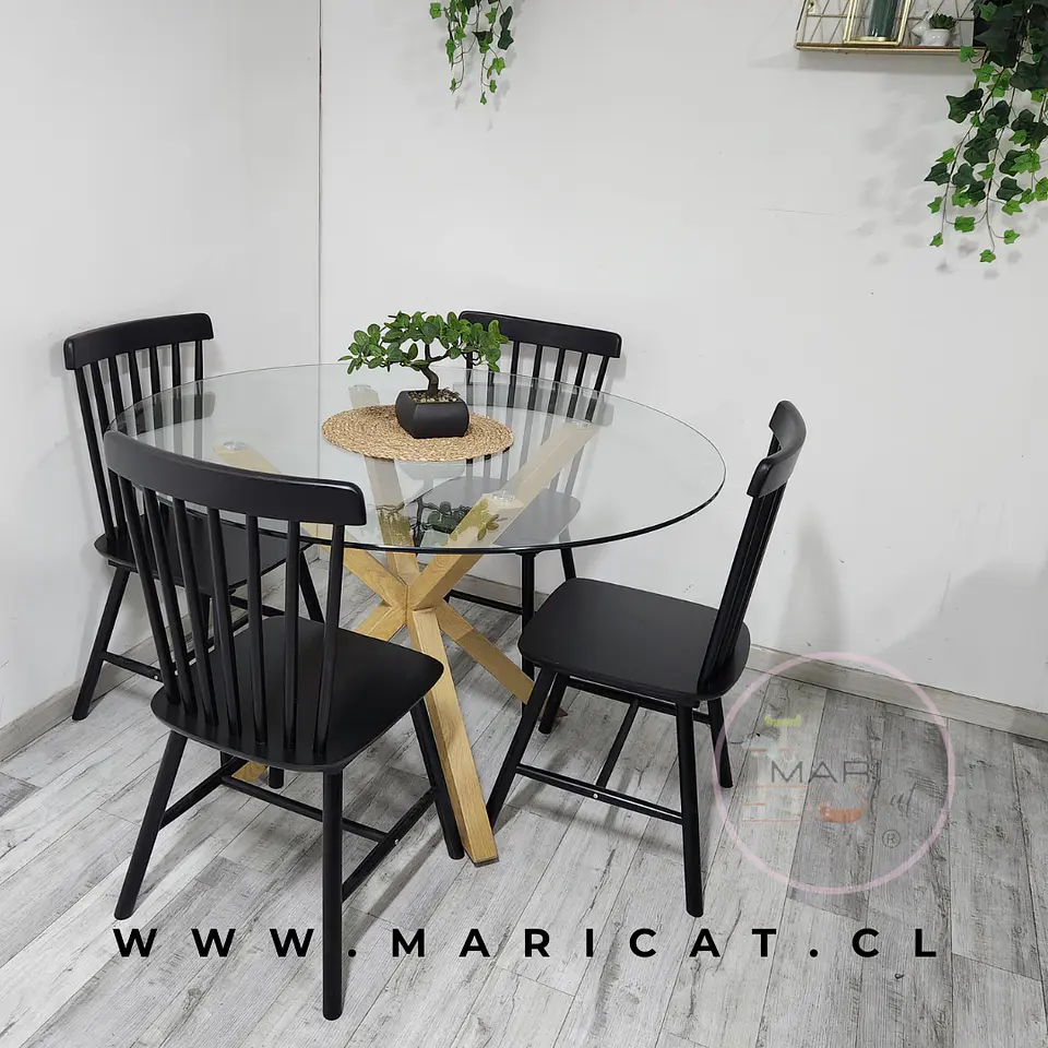 Comedor Redondo Mesa Madrid Warwick Vidrio + 4 Sillas Windsor Cross de Madera 3