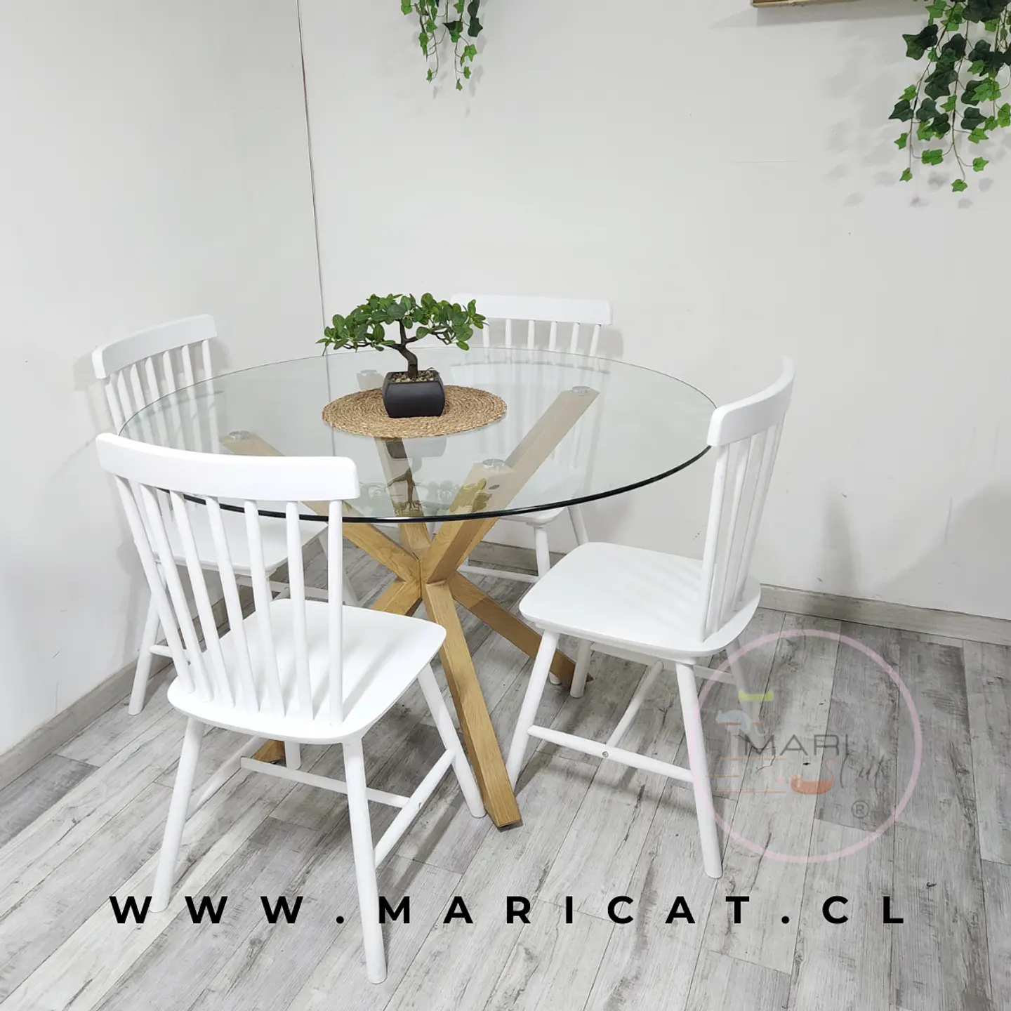 Comedor Redondo Mesa Madrid Warwick Vidrio + 4 Sillas Windsor Cross de Madera 1