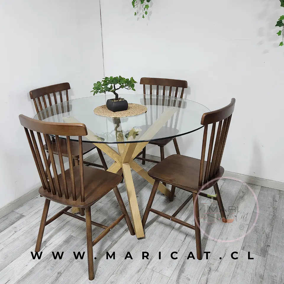 Comedor Redondo Mesa Madrid Warwick Vidrio + 4 Sillas Windsor Cross de Madera 4