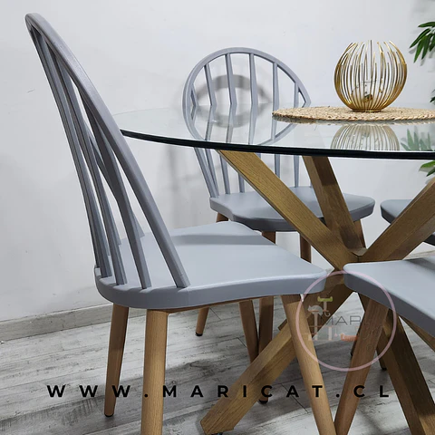 Comedor Redondo Mesa Madrid Warwick Vidrio Templado + 4 Sillas Dublin Windsor Polipropileno Gris