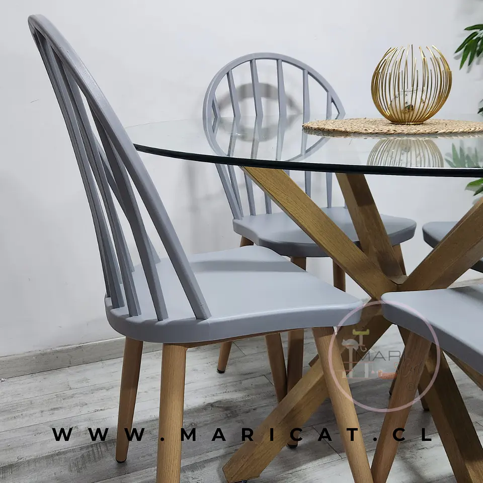 Comedor Redondo Mesa Madrid Warwick Vidrio Templado + 4 Sillas Dublin Windsor Polipropileno Gris 2