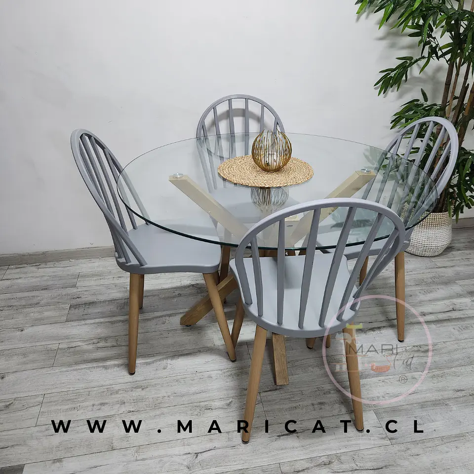 Comedor Redondo Mesa Madrid Warwick Vidrio Templado + 4 Sillas Dublin Windsor Polipropileno Gris 1