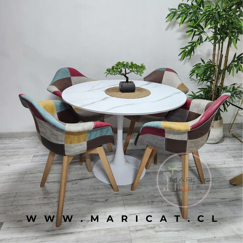 Comedor Redondo Mesa Tulip Melamina + 4 Butacas Da Vinci Patchwork 1