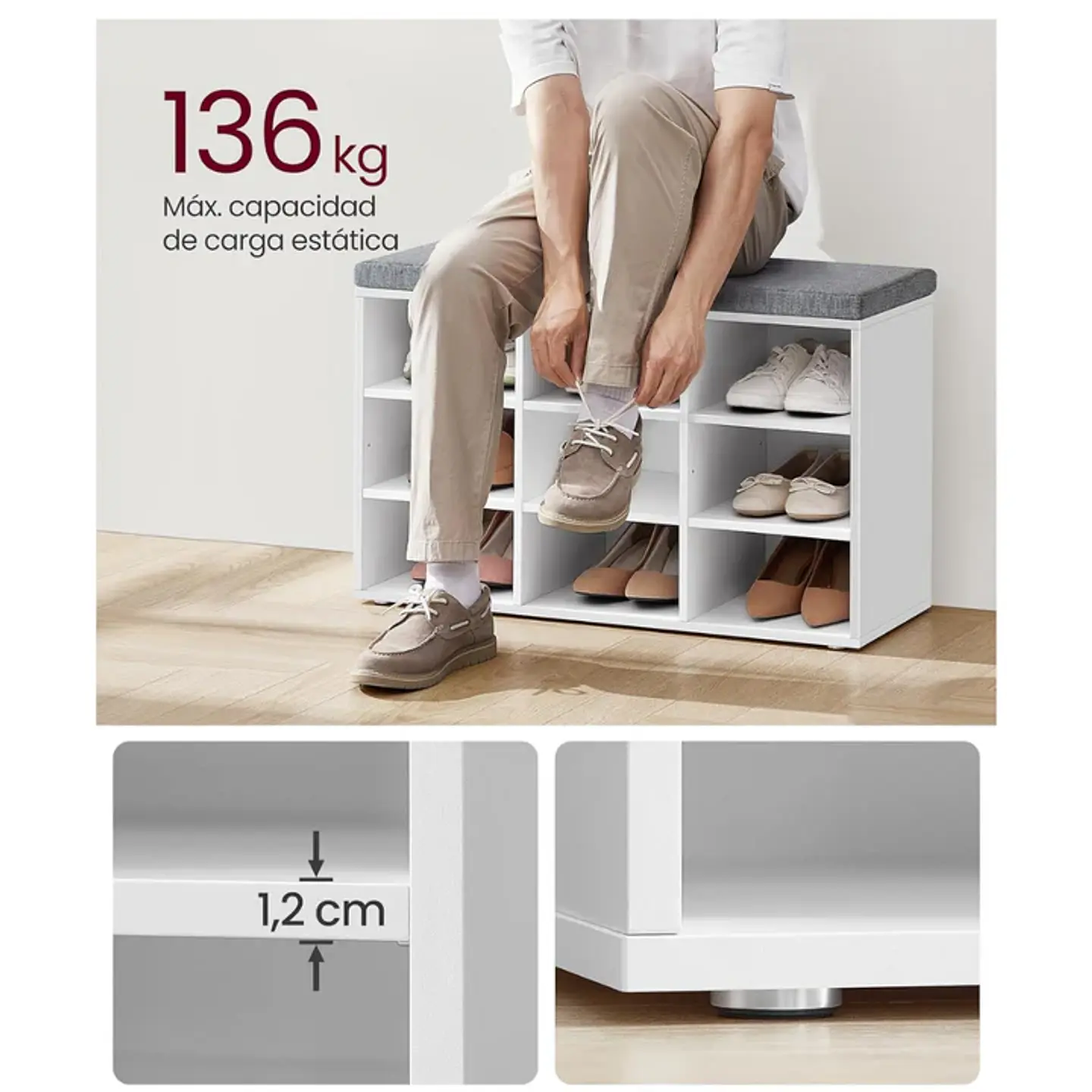 Zapatero Banqueta Acolchada MDF Blanco- Recibidor Dormitorio multiuso 4
