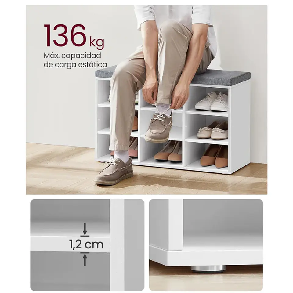 Zapatero Banqueta Acolchada MDF Blanco- Recibidor Dormitorio multiuso 4