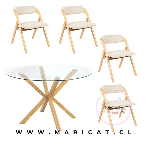 Comedor Redondo Mesa Vidrio Madrid Warwick + 4 Sillas Betlahem de Madera Plegable Acolchada