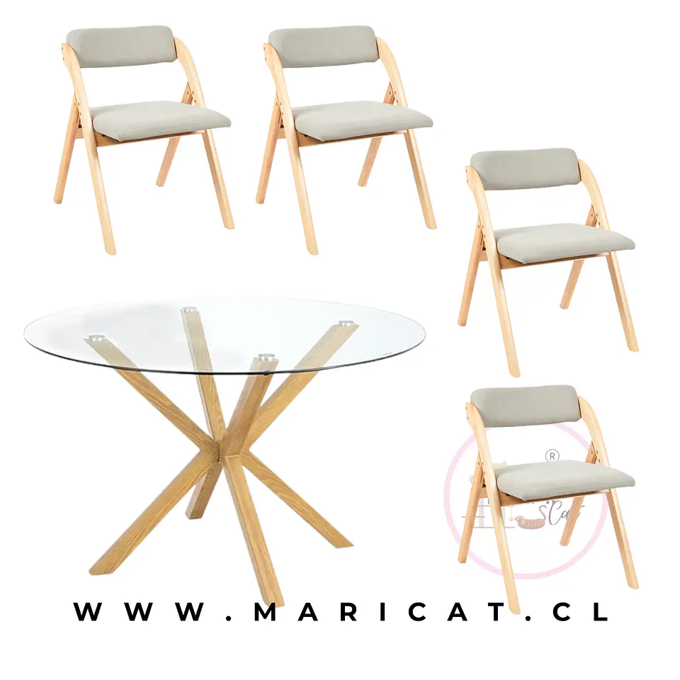Comedor Redondo Mesa Vidrio Madrid Warwick + 4 Sillas Betlahem de Madera Plegable Acolchada 2