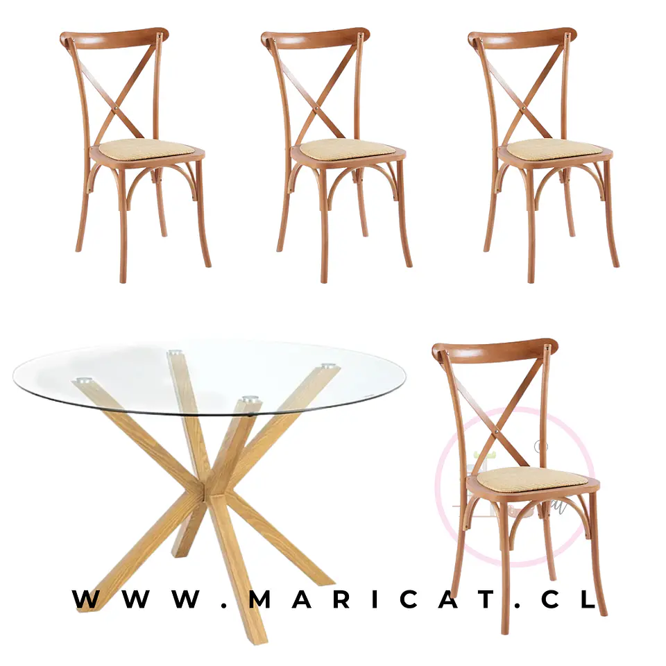 Comedor Redondo Mesa de Vidrio Madrid Warwick 100cm + 4 Sillas Crossback Madera y Rattan comedor 1
