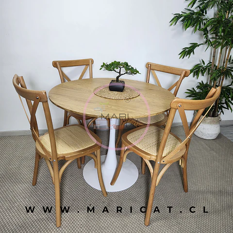 Comedor Redondo Mesa Tulip Wood Melamina 100cm + 4 Sillas Crossback Rattan