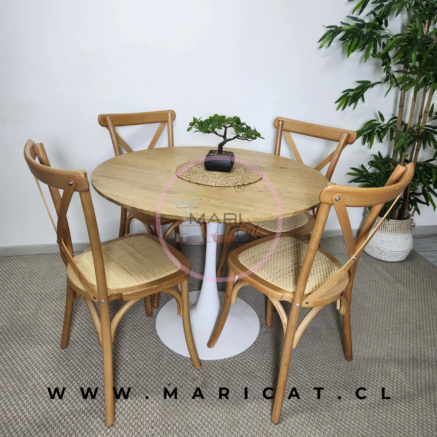 Mesa Tulip Wood Redonda  Melamina +4 Sillas Crossback Rattan - Comedor 100cm 1