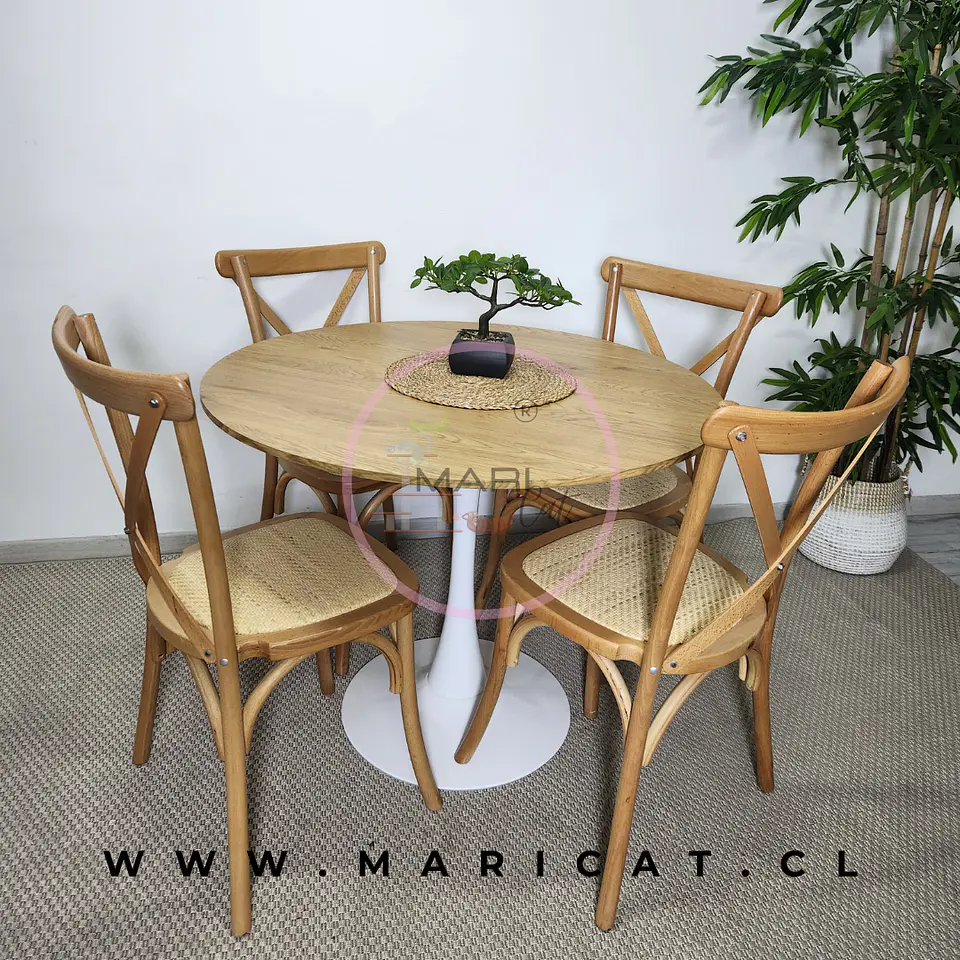 Mesa Tulip Wood Redonda  Melamina +4 Sillas Crossback Rattan - Comedor 100cm 1