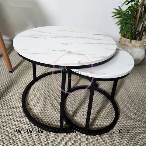 Mesa de Centro Anidada Mut de MDF Efecto Mármol con Base de Hierro – Set 2 Piezas