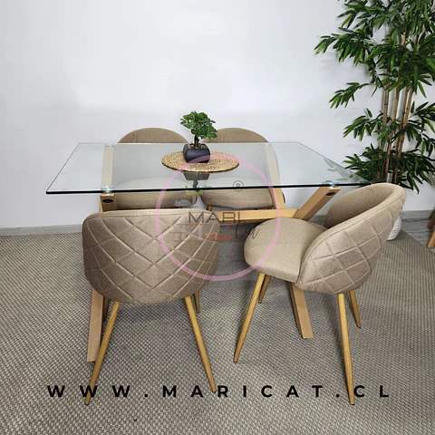 Mesa Rectangular Cross Chile de vidrio + Silla tokio Kana Lino estructura Wood