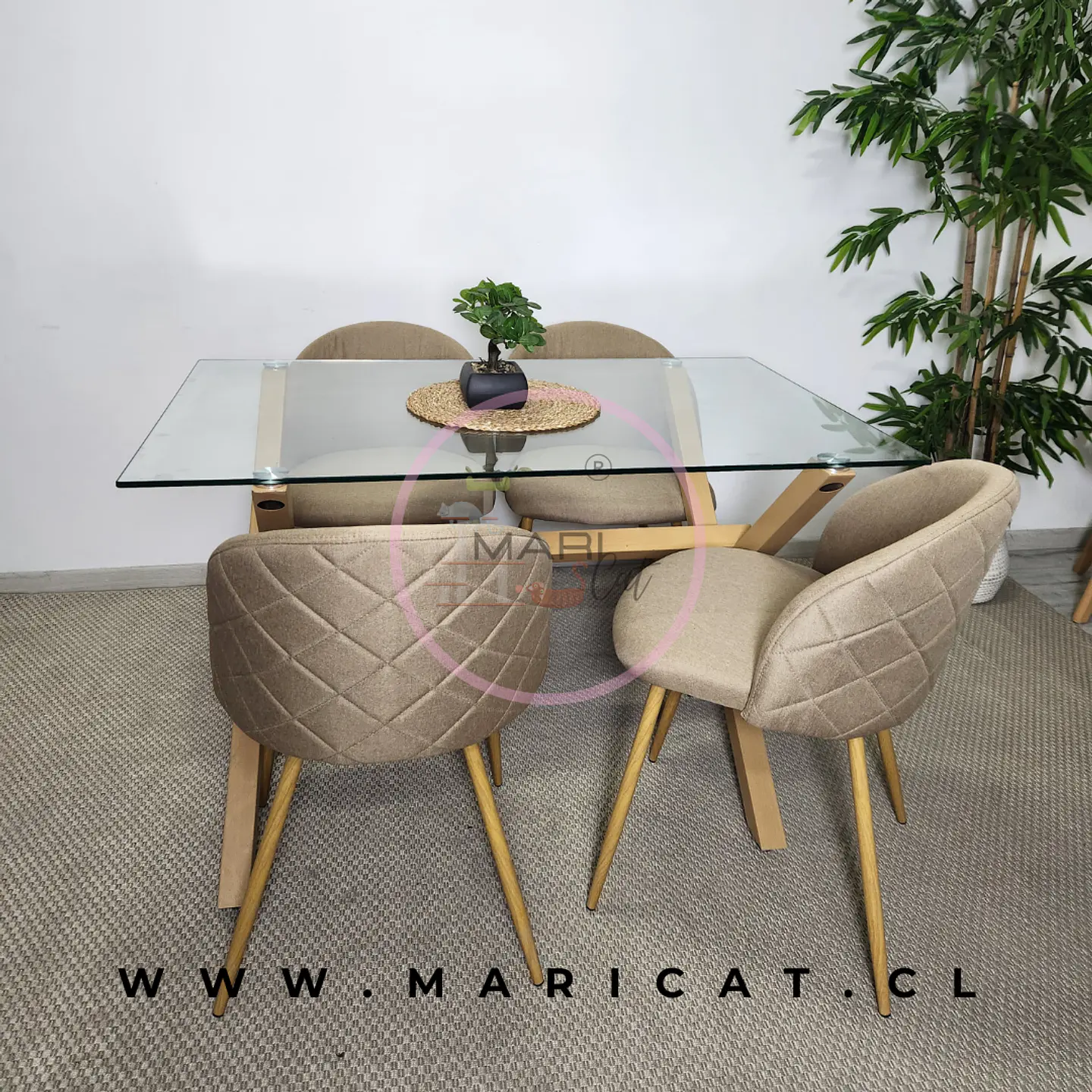 Mesa Rectangular Cross Chile de vidrio + Silla tokio Kana Lino estructura Wood 1
