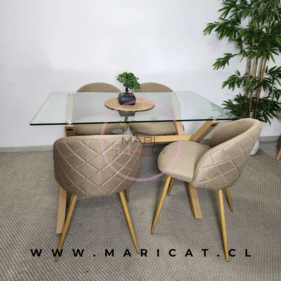 Mesa Rectangular Cross Chile de vidrio + Silla tokio Kana Lino estructura Wood 1