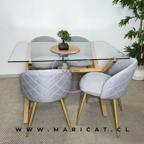 Mesa Rectangular Cross Chile de vidrio + Silla tokio Kana Lino estructura Wood