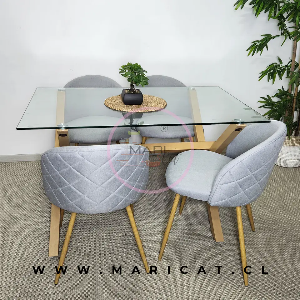 Mesa Rectangular Cross Chile de vidrio + Silla tokio Kana Lino estructura Wood 2