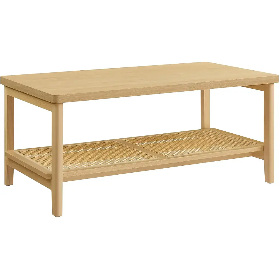 Mesa de Centro Rectangular de MDF con Detalles en Ratán – Madera Natural 2