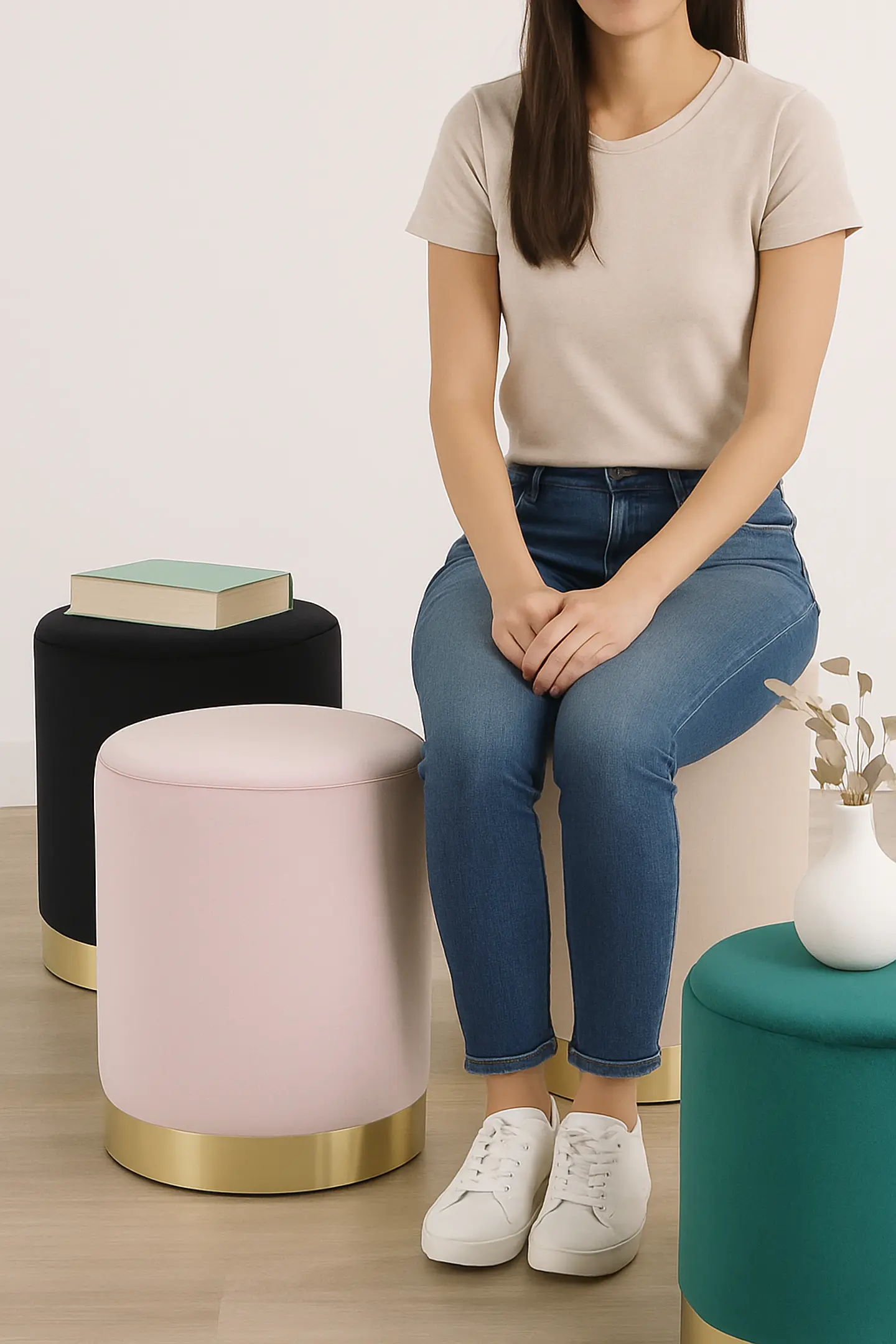 Puff pouf Velvet con Base Dorada Beige– Multifuncional decoracion 2