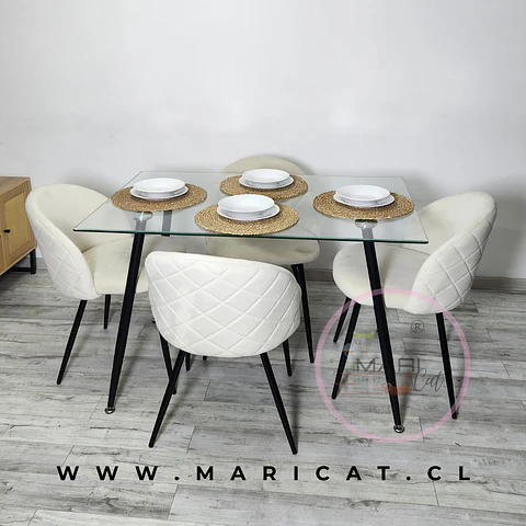 Comedor Rectangular Vidrio 4 Sillas Velvet – Mesa 130x48cm
