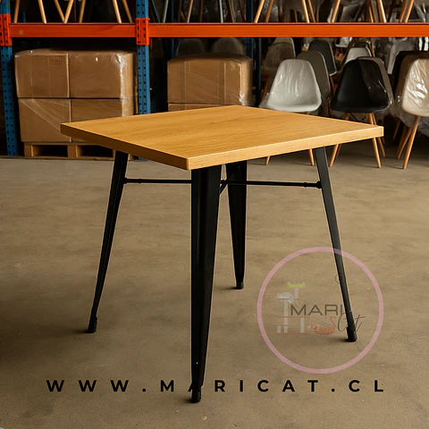 Mesa Tolix Cuadrada Negra Madera Metal Terraza Cafetería 70x70