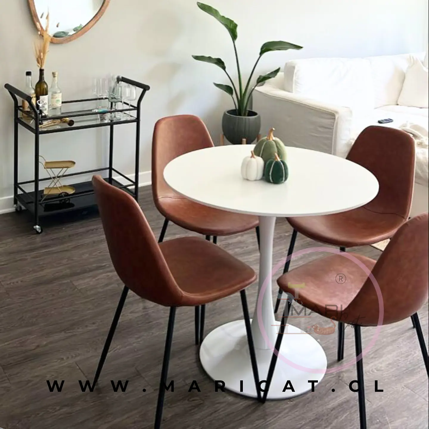 Comedor Redondo Mesa Tulip MDF 100cm + 4 Sillas Spoon Gamuza 1
