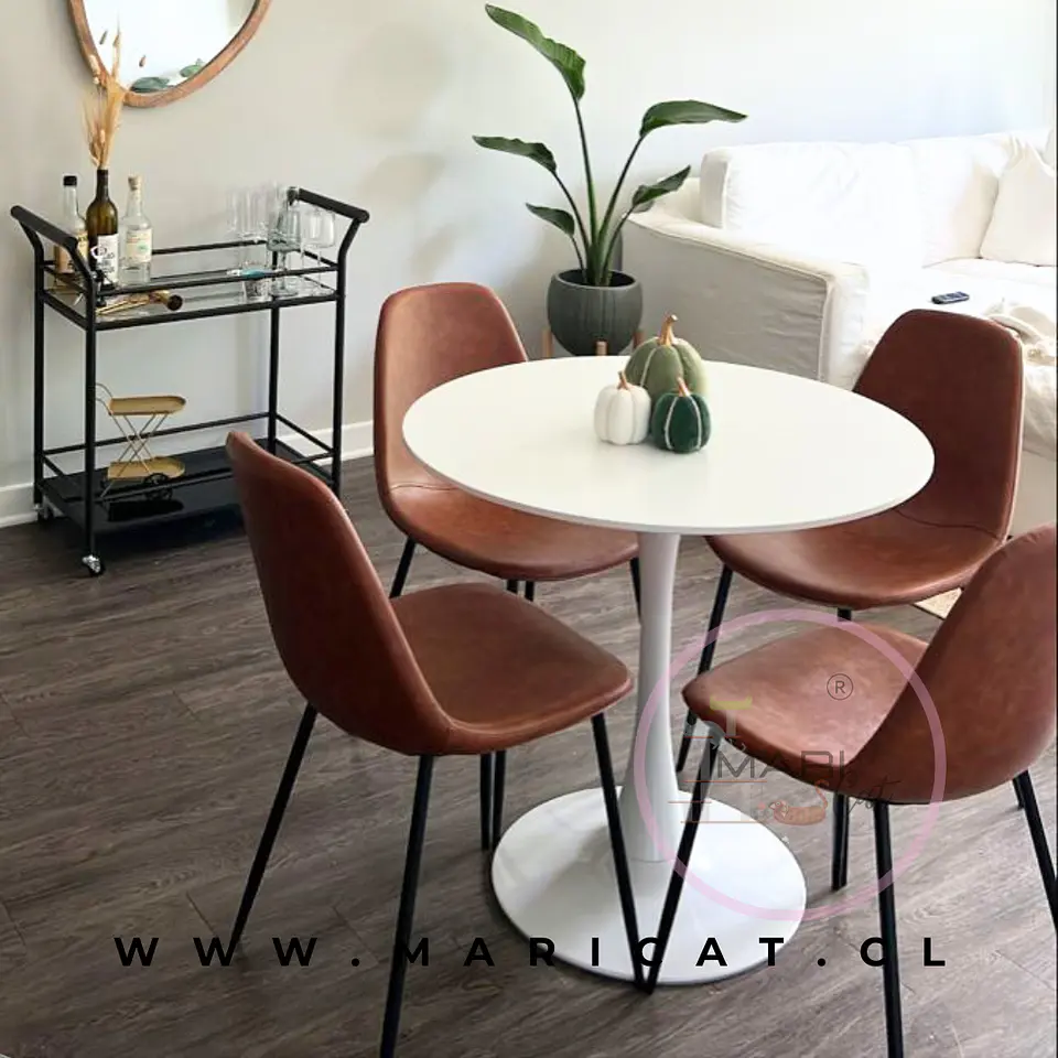 Comedor Redondo Mesa Tulip MDF 100cm + 4 Sillas Spoon Gamuza 1