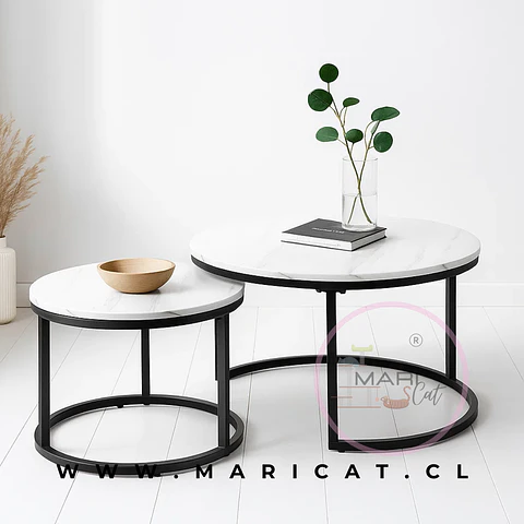 Mesa de Centro Anidada Mut de MDF Efecto Mármol con Base de Hierro – Set 2 Piezas