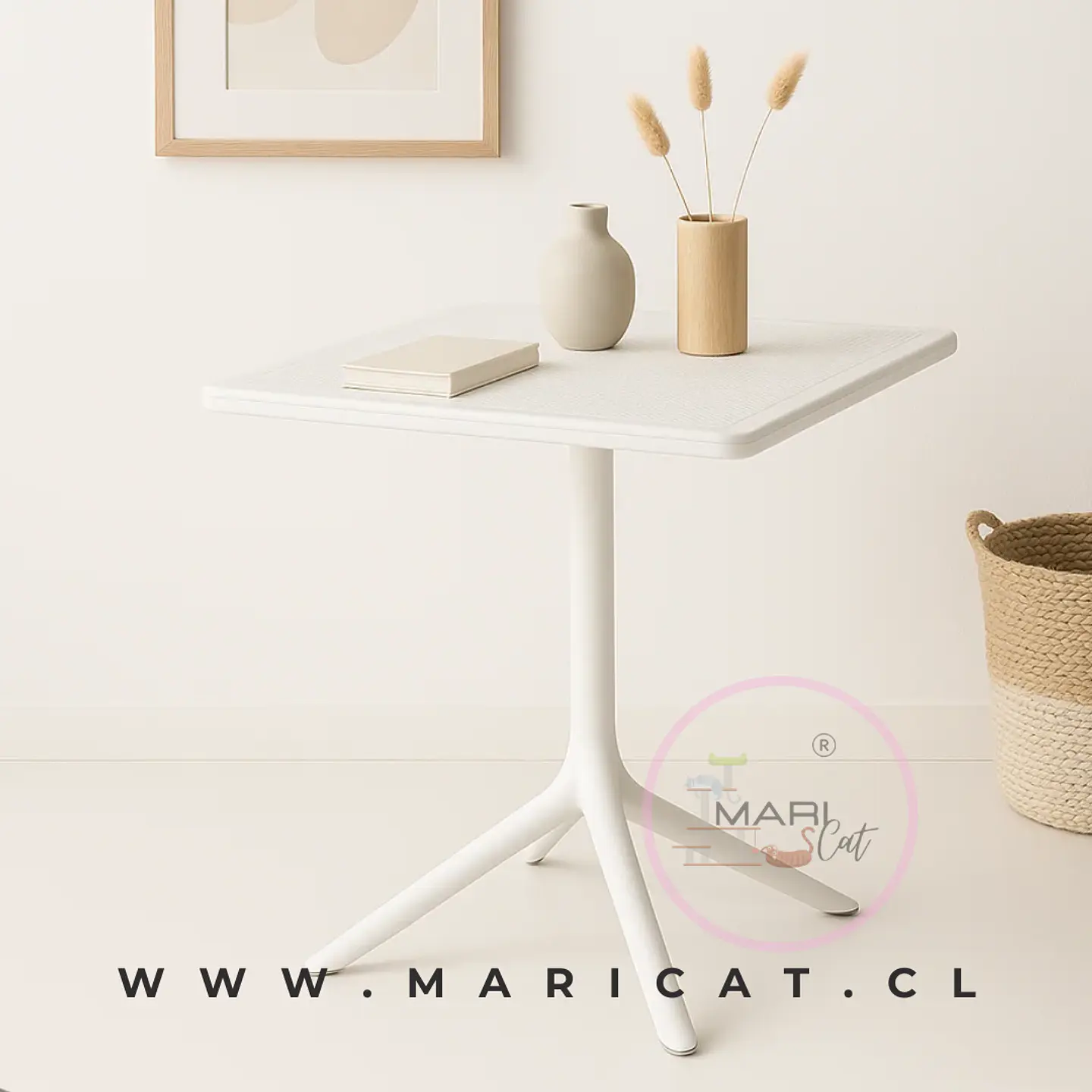 Mesa Tulip Cuadrada Blanca de Polipropileno con Pie Central para Terraza y Uso Comercial 1