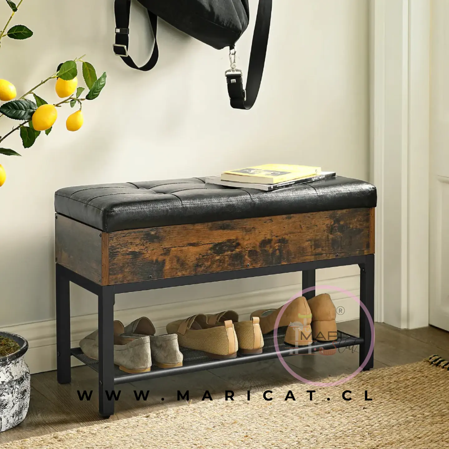 Zapatero Banqueta Ecocuero Acolchado MDF Estilo Industrial-Recibidor Dormitorio multiuso 3