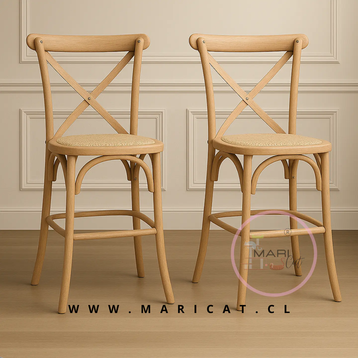 Pack 2 Taburete Crossback Madera Natural y Rattan Bajo 1