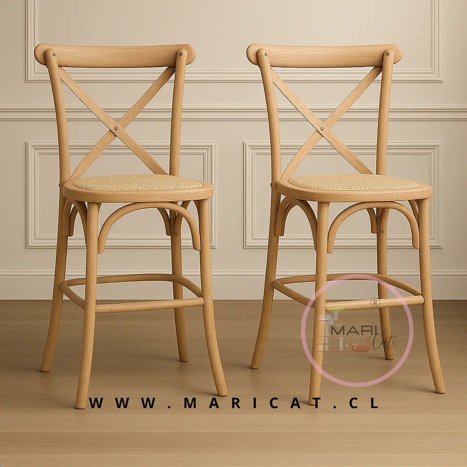 Pack 2 Taburete Crossback Madera Natural y Rattan Bajo 1