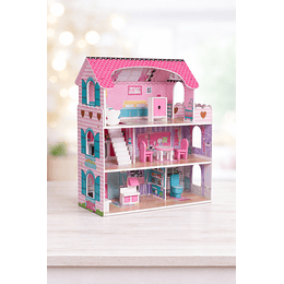 Casa de Muñecas Clásica de Madera Rosada con Accesorios | Juguete Educativo de 3 Pisos para Juego de Roles | +1 years