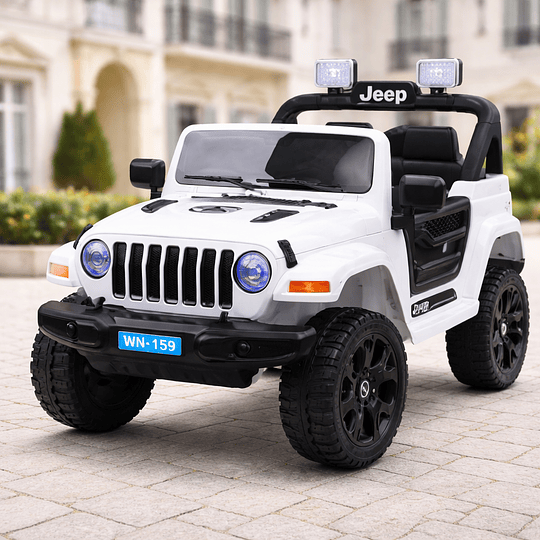 Jeep Wrangler Blanco Infantil Eléctrico 4x4 12V con Control Remoto, Luces LED y USB – 4 Motores – 2 a 6 Años
