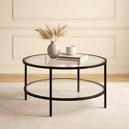 Mesa de Centro Orbe de 2 Niveles con Vidrio Templado y Metal Negro | Diseño Moderno