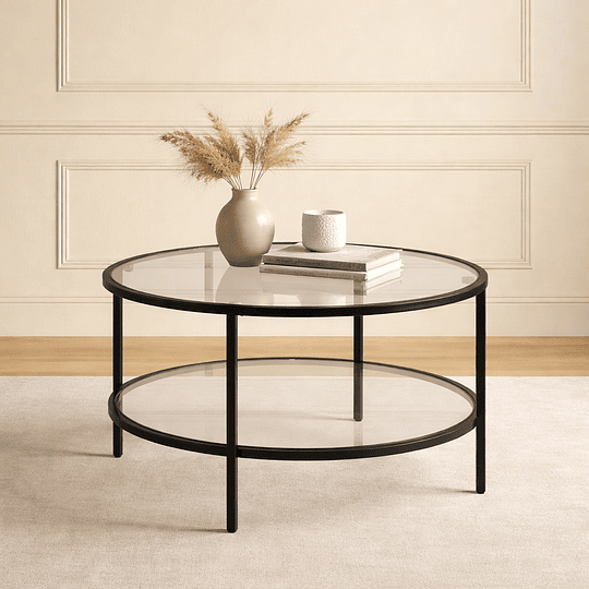Mesa de Centro Orbe de 2 Niveles con Vidrio Templado y Metal Negro | Diseño Moderno